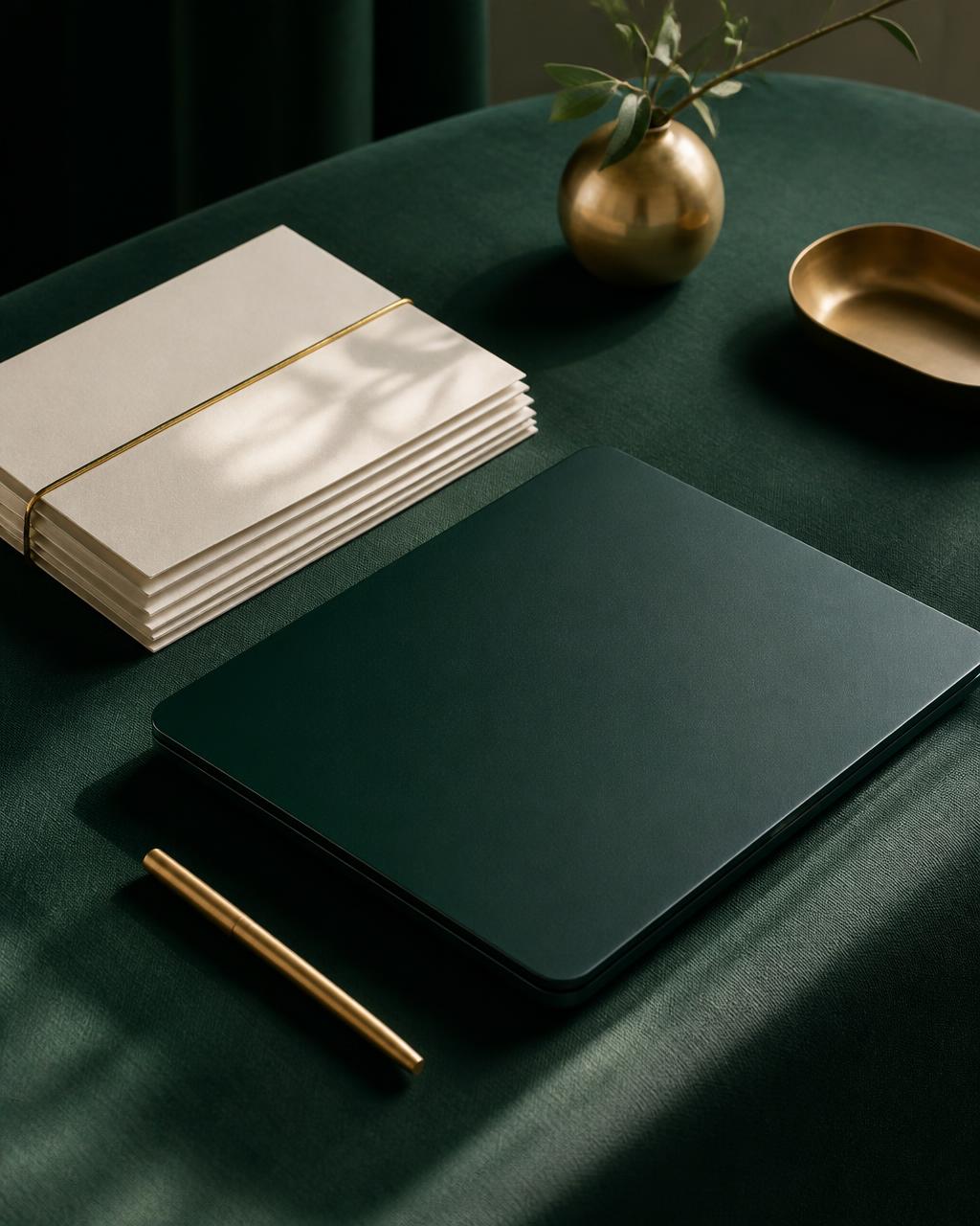 A founder's desk with documents bound in gold